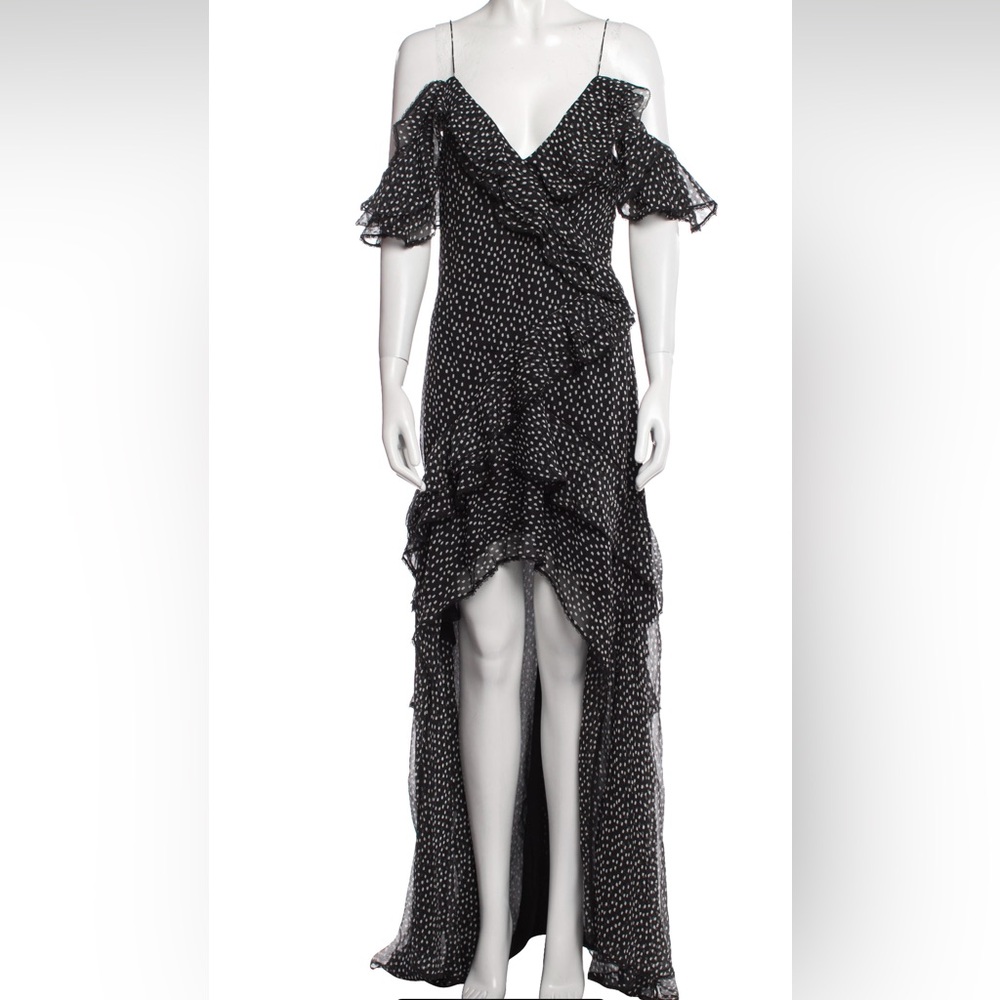 NEW RARE Jonathan Simkhai off the shoulder long silk ruffle slit dress polka dot